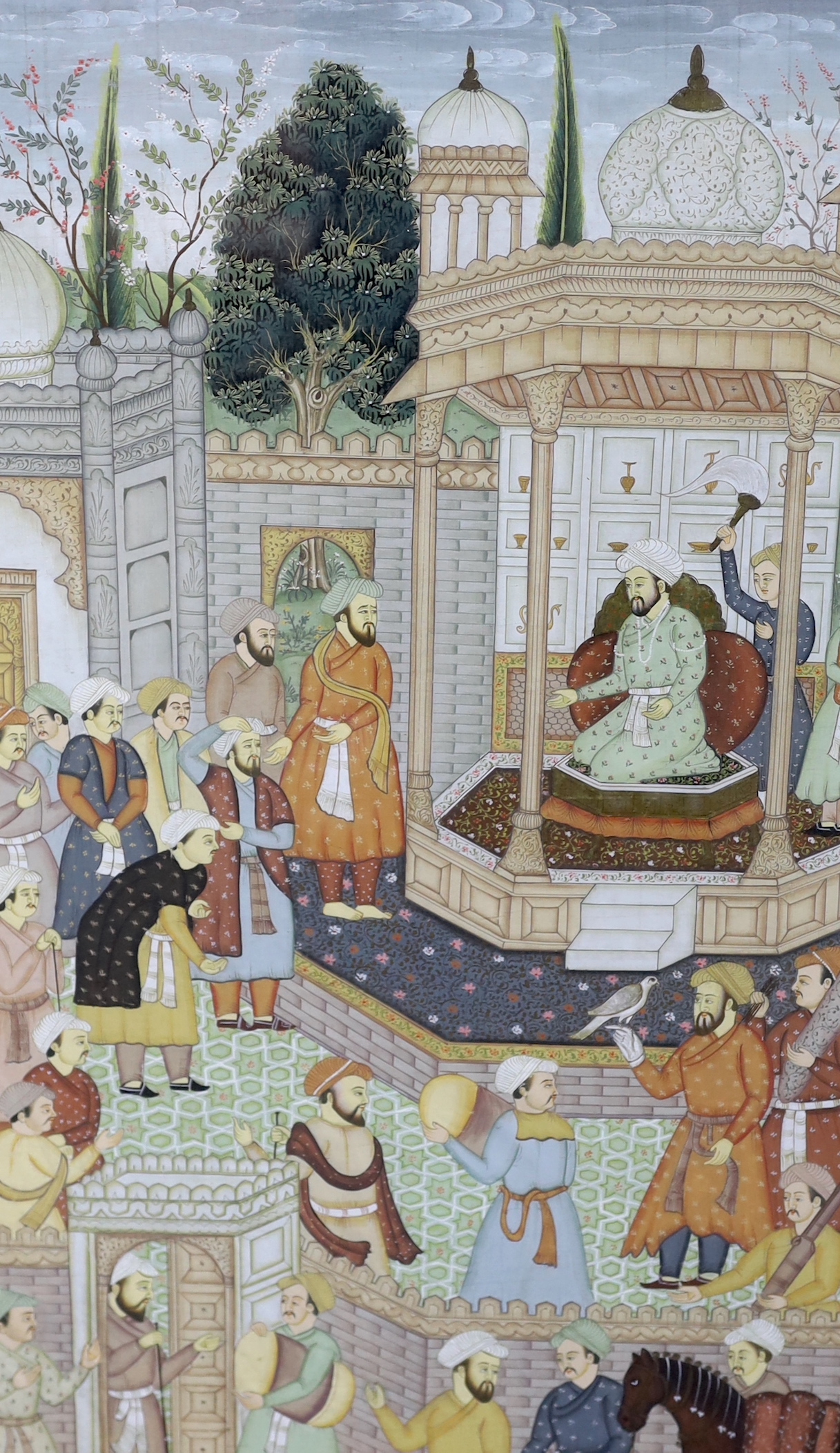 Four Indian or Persian watercolours, Attendants with Emperor, figures and lovers, largest 74 x 45cm